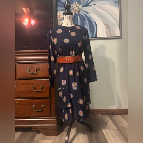 Real Vintage! Darling Navy Mandala Patterned Ruffle Belted Dress EUC!! - Picture 10 of 12